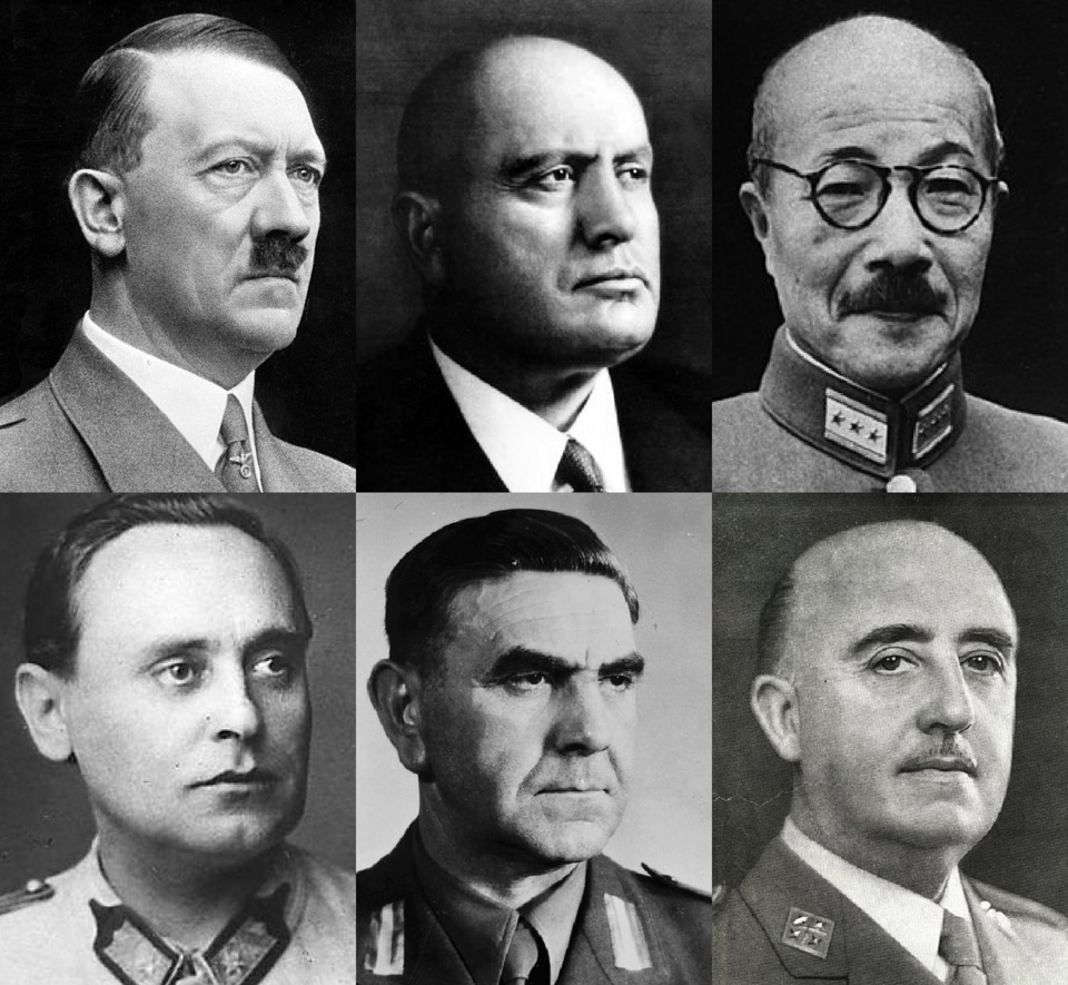 Adolf Hitler, Benito Mussolini, Hideki Tojo, Ferenc Szálasi, Ante Pavelić, and Francisco Franco.