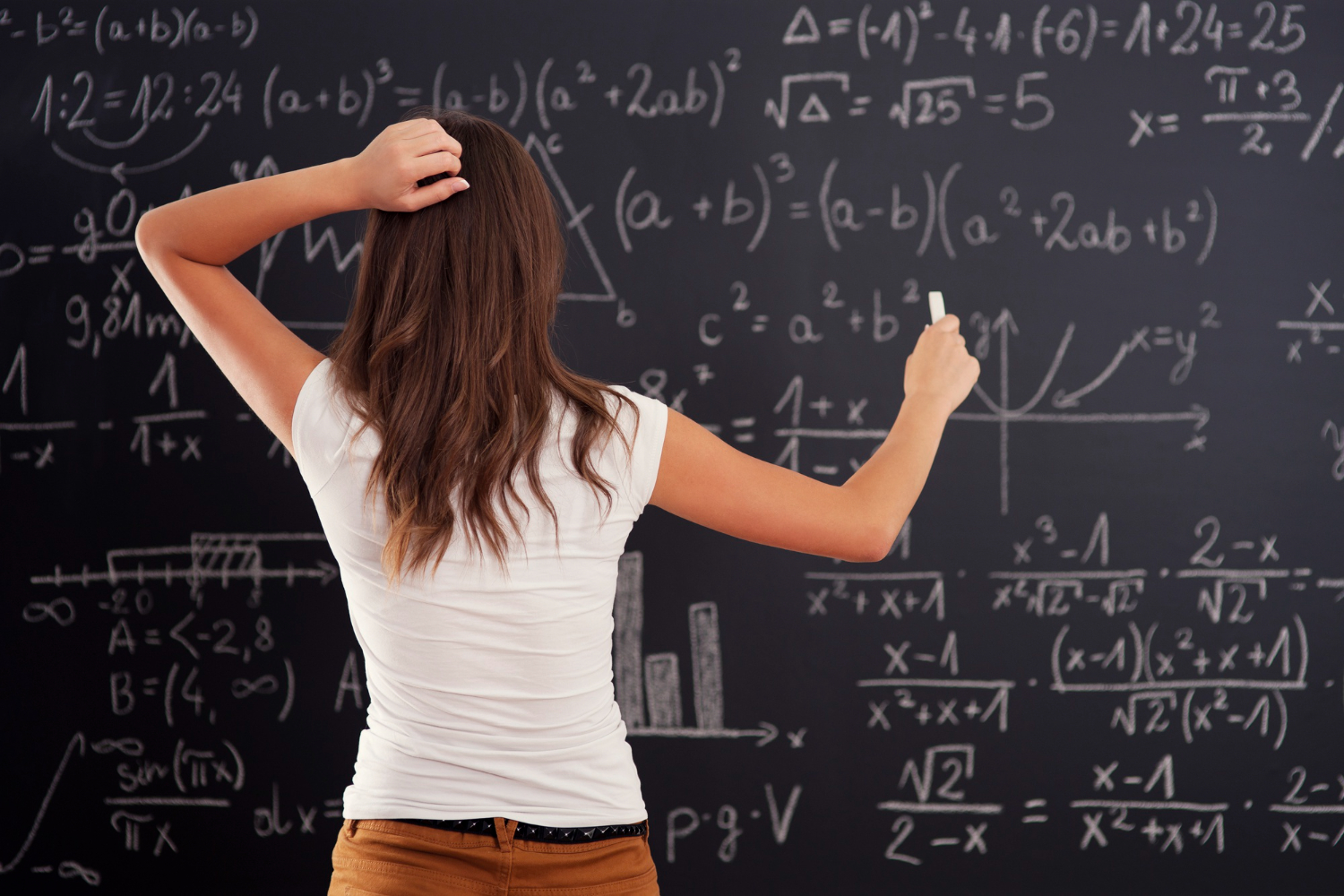 Mladá žena sa pozerá na matematický problém na tabuli